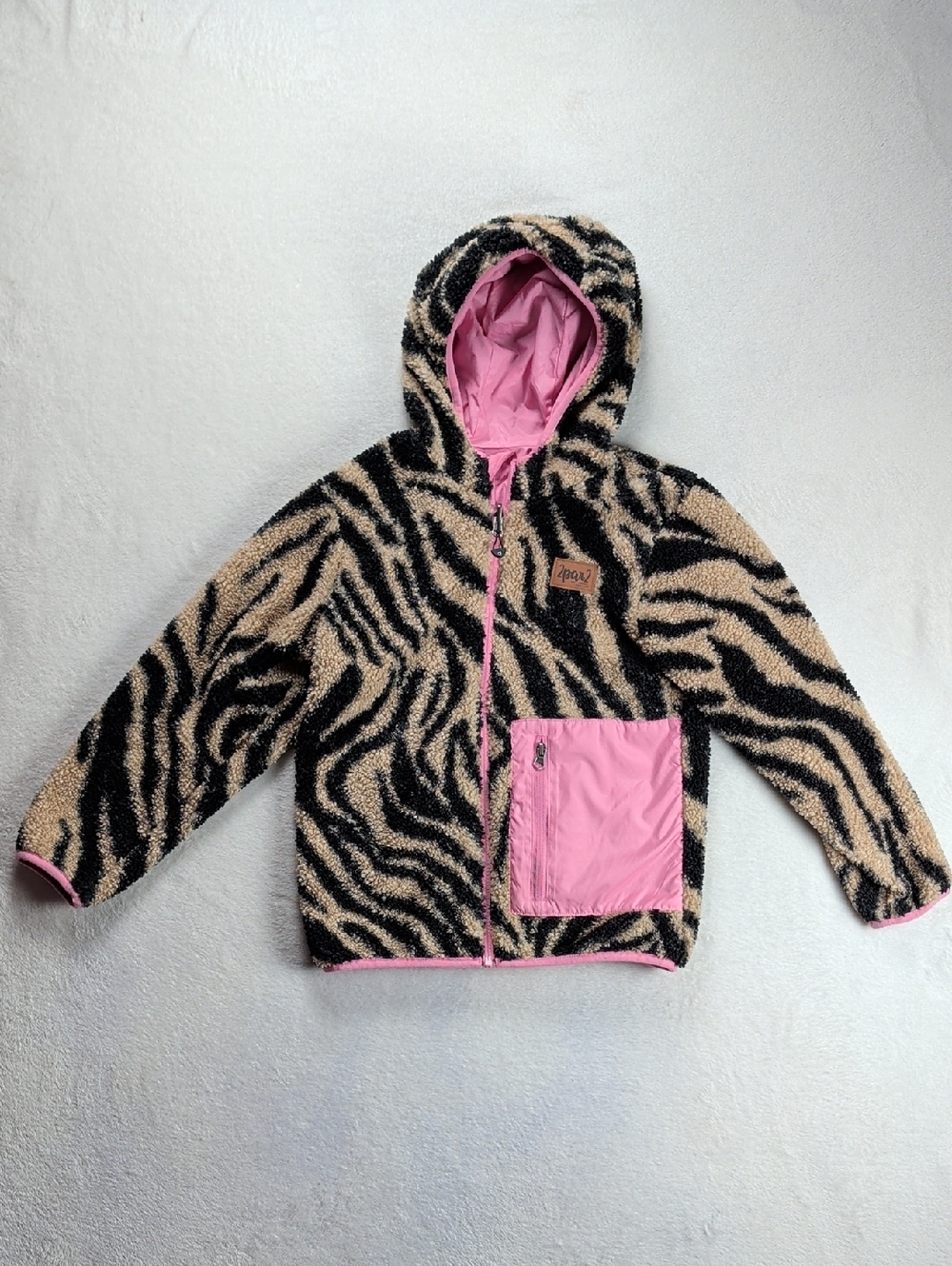 Deux Par Deux Girls' Reversible Mid-Season Sherpa Jacket - Zebra 10